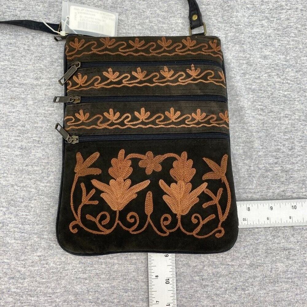 Suriti Purse Brown Suede Embroidered Crossbody Passport Holder Bag Boho Travel - Picture 9 of 12